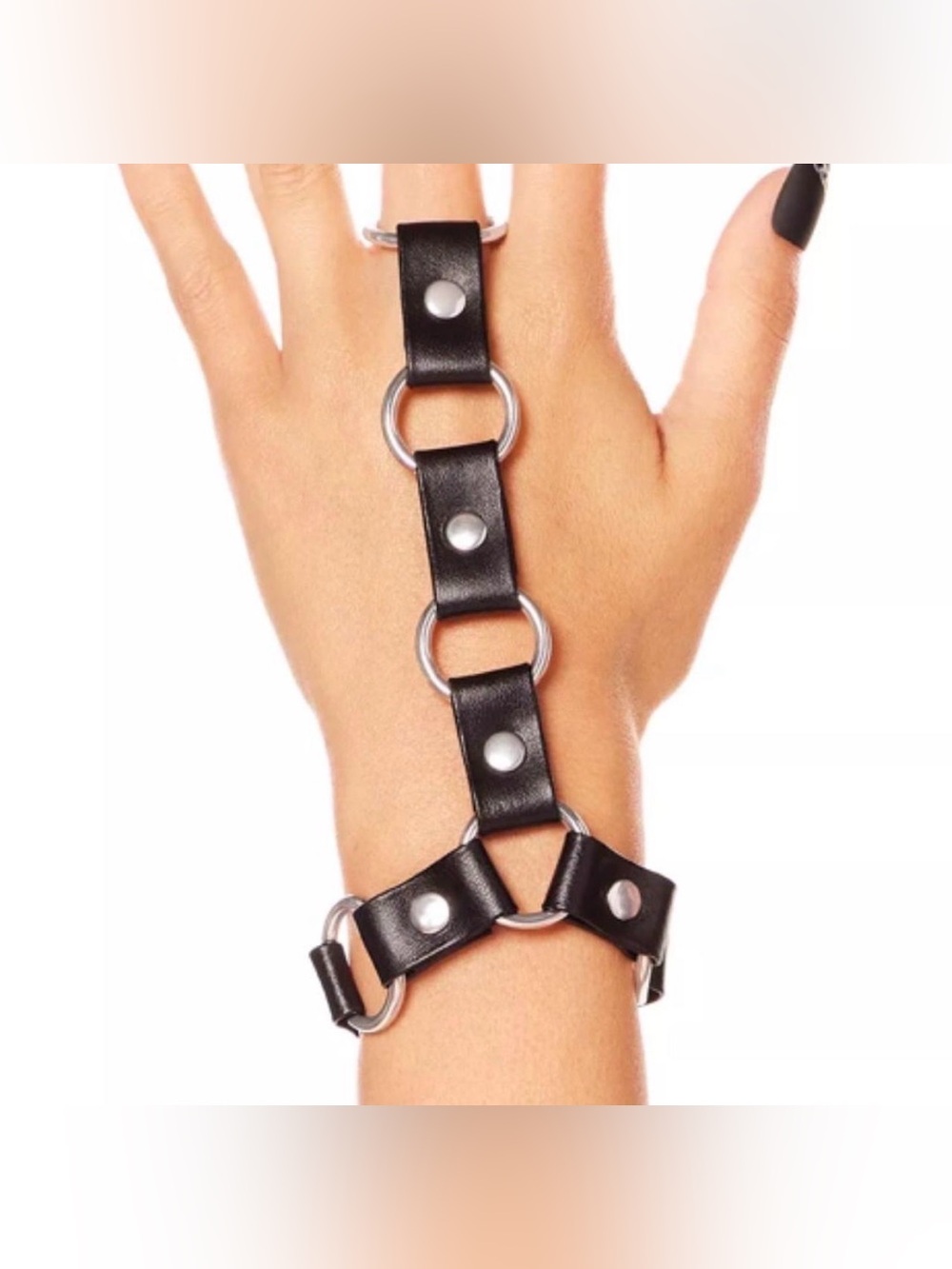 Black Leather Ring and Bracelet Hand Harness brand new